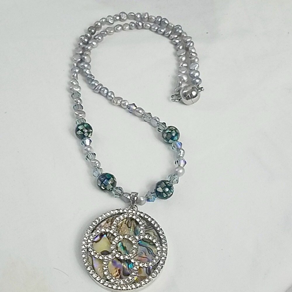 Pave Crystal Medallion Freshwater Pearl Necklace